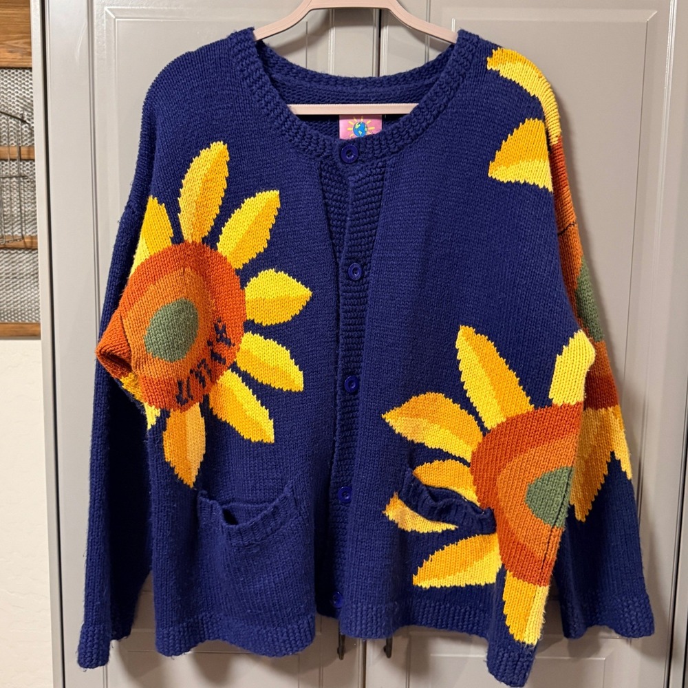 UNIF Womens Sunflower Intarsia Chunky Knit Oversized Cardigan, Blue Yellow, L